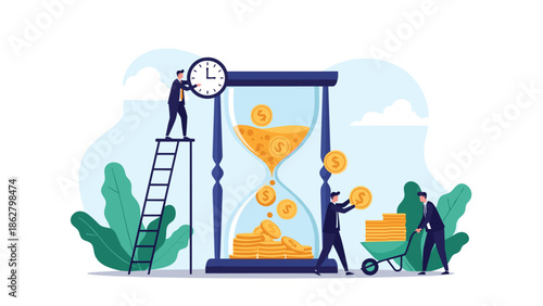 Businessmen converting time into money, with an hourglass filled with coins and people collecting the financial returns.