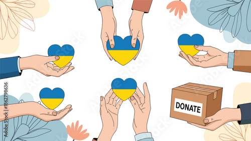 Multiple hands holding hearts with the Ukrainian flag and a donation box, showing support, love, and charity for Ukraine.