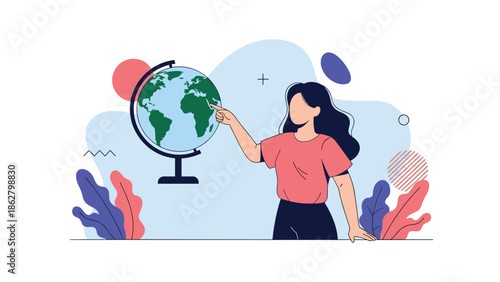 Young faceless woman pointing her finger at the continent of South America on a spinning globe, isolated illustration.