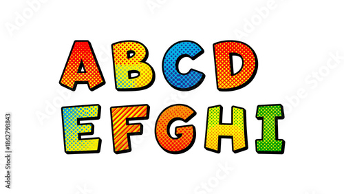 Pop art comic alphabet letters A to I with colorful halftone dots isolated on transparent background. Playful typography set for posters banners and creative designs.