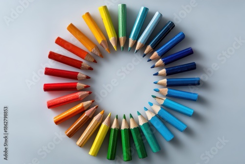 Top-down circle of colored pencils arranged in complementary color pairs on a white surface