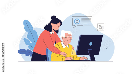 Young woman helping an elderly grandmother learn how to use a computer, showing patience, care, and intergenerational connection.