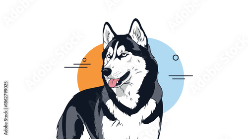 Stylized portrait of a majestic Siberian Husky dog with blue eyes, looking away with its tongue out against a simple background.