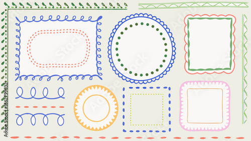 Vintage floral ornamental frame design elements with colorful borders and swirls for creative