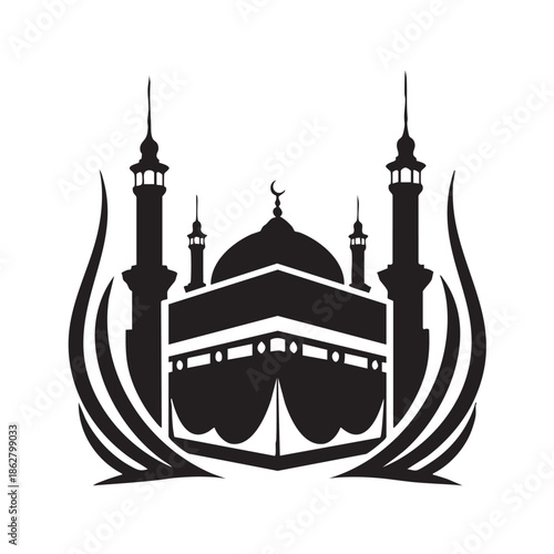 Black silhouette of Kaaba with minarets and crescent moon white mecca