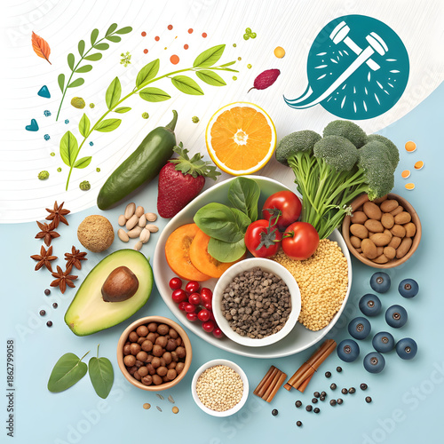 promot Nourish & Thrive: A Colorful Array of Healthy Essentials on my backround