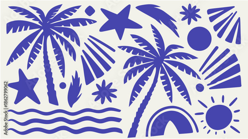 Tropical coastal design elements with palm trees, ocean waves, and starfish in a flat lay style