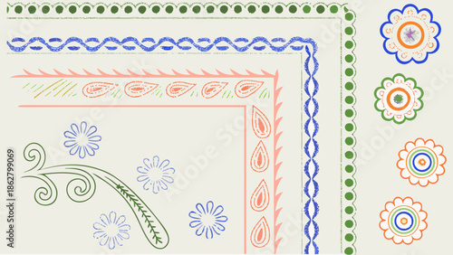 Hand drawn ornamental border featuring retro flora and leaves in pastel colors on white