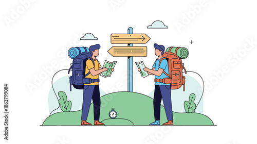 Two male tourists with large backpacks and maps standing at a crossroads with a signpost, trying to decide on their direction.