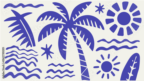 Tropical coastal flat lay composition with palm trees, ocean waves, sun, and starfish
