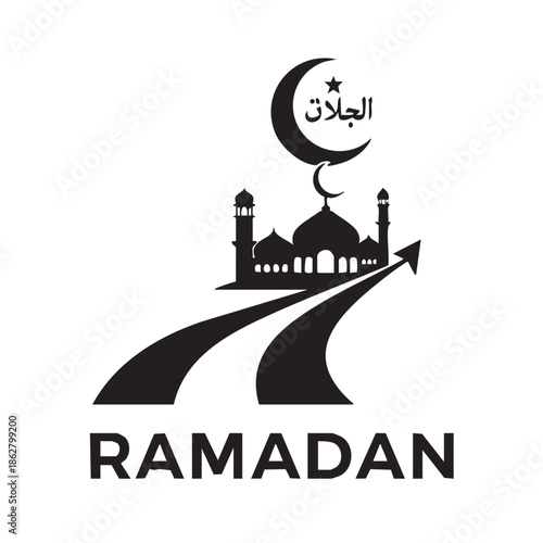 Black silhouette of mosque and crescent moon with Arabic text and Ramadan text islam star