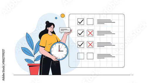 Woman holding a clock and looking at a task list with checkboxes, illustrating the concept of meeting deadlines and planning.