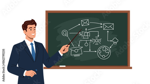 Male professor in a suit and tie teaching a lesson, pointing to a complex technical or business flowchart on a chalkboard.