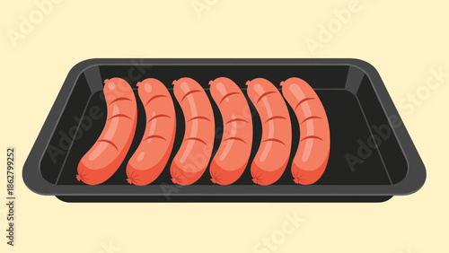 Six grilled sausages arranged neatly in a black rectangular styrofoam tray, viewed from a slightly elevated angle.