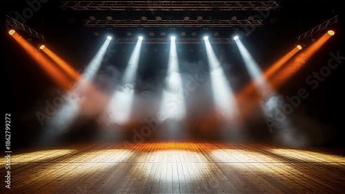 Empty Wooden Stage with Five Bright Spotlights and Ambient Smoke, Background for Theater Performance or Award Ceremony.