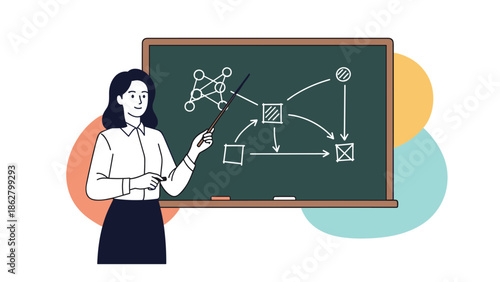 Female teacher or professor pointing at a complex diagram on a chalkboard, explaining a difficult concept in a classroom.