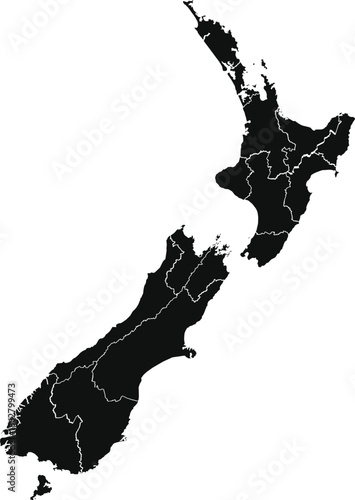 New Zealand map outline featuring regional borders rendered as a black shape isolated on a white background for geographic use.