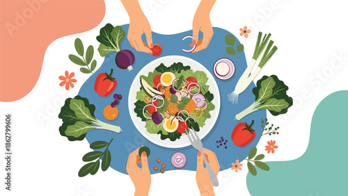 Top-down view of hands preparing a fresh and healthy salad in a bowl with various colorful vegetables and ingredients.