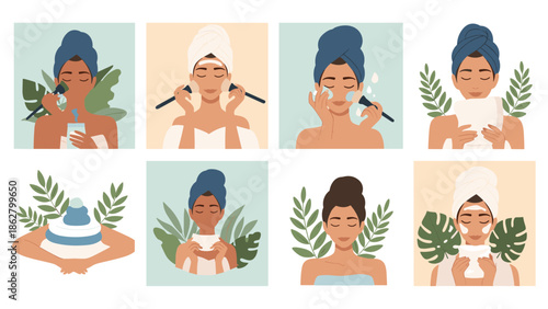 A collection of illustrations showing a woman's daily skincare and beauty routine, including cleansing, masks, and makeup.