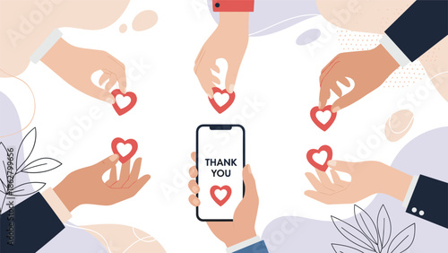 Many hands giving heart-shaped likes to a smartphone displaying a thank you message, symbolizing social media appreciation.