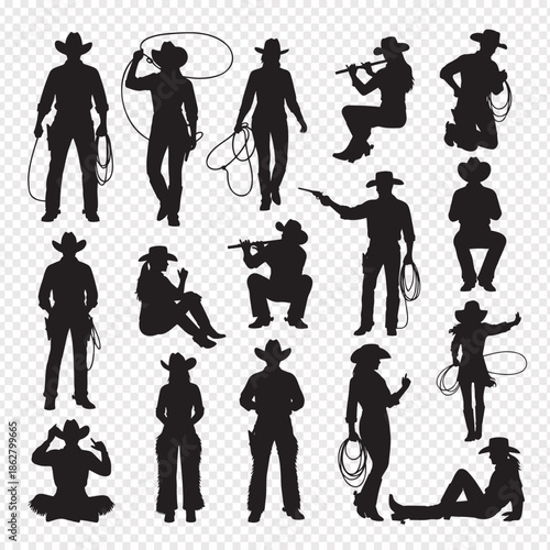 cowboy and cowgirl silhouettes with lassos and guns