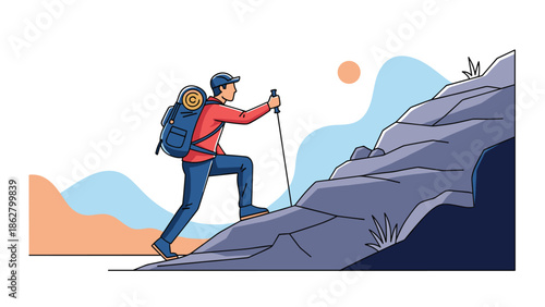 A male hiker with a backpack and trekking poles climbing up a steep, rocky mountain, showing determination and adventure.