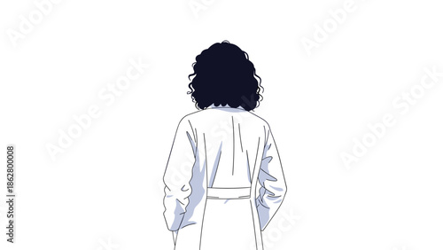 A minimalist black and white illustration of a female doctor or scientist with curly hair, seen from behind wearing a lab coat.