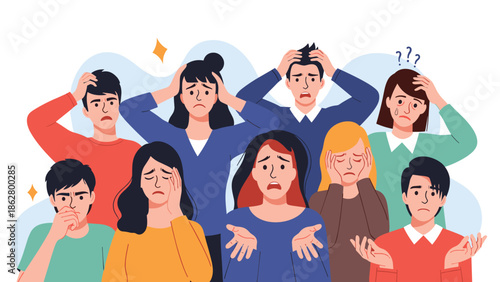 A large group of diverse men and women showing expressions of confusion, stress, and anxiety with their hands on their heads.