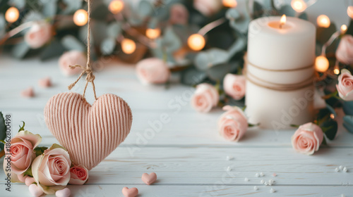 Romantic Valentine's Day scene with pink roses, heart ornament, and glowing lights