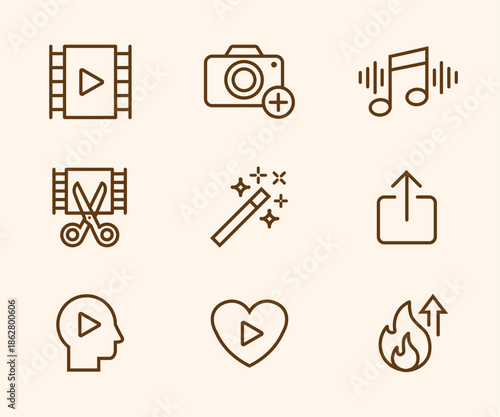 Minimal Line Icons Set – Media, Video, Music and Social Interaction Symbols
