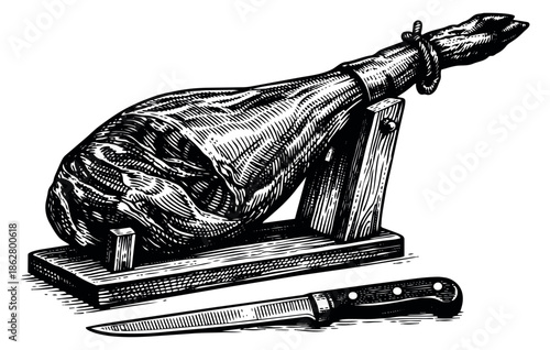 Hand drawn line art illustration of a whole ham on a stand with a knife depicting traditional carving for food industry