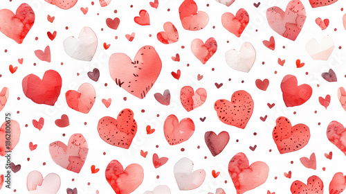 Watercolor heart pattern with red and pink hues on a white background