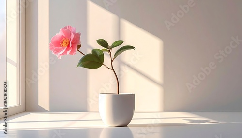 Pink flower in a white pot against a bright wall with sunlight and shadow