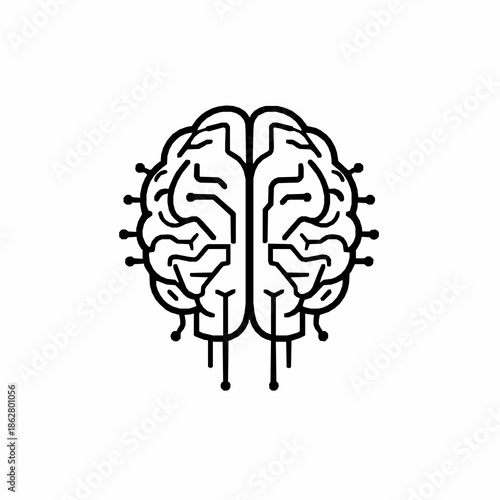 Icon Black outline of a stylized brain with circuit board connections mind technology