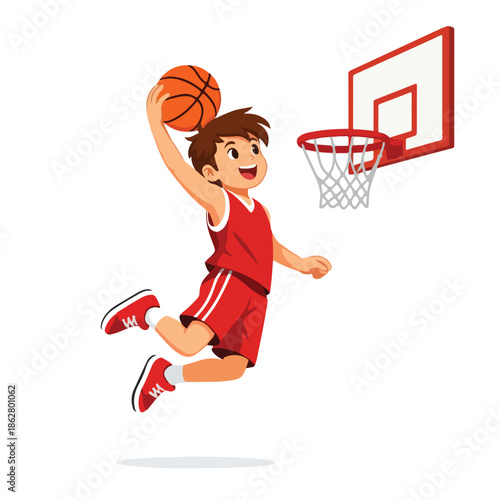 Kids Basketball Slam Dunk - High Energy Youth Athlete Scoring with Powerful Jump and Athletic Skill Concept in Modern Sports Court Vector Illustration