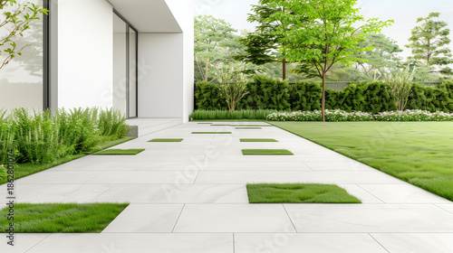 Modern minimalist garden design with white stone pathway and lush green lawn