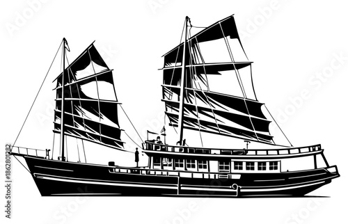 Traditional Asian junk boat silhouette with distinctive battened sails. Classic oriental sailing vessel illustration, perfect for maritime, cultural, or travel-themed designs.