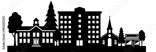 Small town main street silhouette with school, church, apartment building, and general store. Minimalist urban landscape panorama featuring classic community architecture and trees.