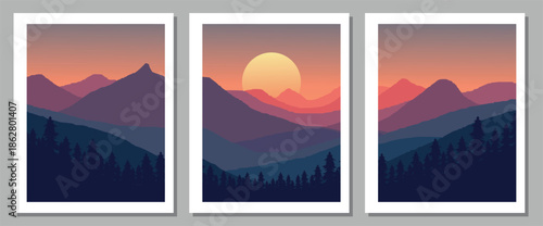 Vibrant mountain landscape at sunset with silhouetted trees