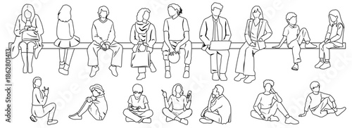 Men, women and teenagers sitting on a bench, vector silhouettes, hand draw, linear sketch, group of business people, black color on white background