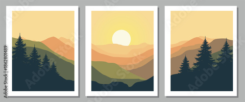 Vibrant mountain landscape at sunset with trees and hills