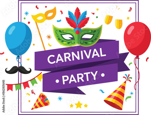 Carnival party vector announcement featuring purple ribbon banner masquerade masks colorful balloons party hats and festive holiday confetti.
