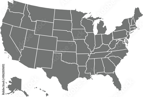 United States Map with Gray States and White Borders Isolated on White