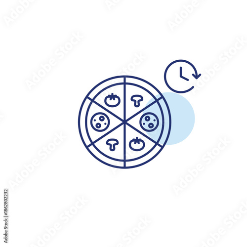 Pizza with tomatoes, mushrooms, tomatoes and clock. Food scheduled delivery and meal pick-up on time. Takeaway Asian cuisine. Pixel perfect, editable stroke vector icon