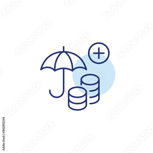 Coins stack under umbrella and plus. Insurance save, finance protect, money cover. Pixel perfect, editable stroke vector icon