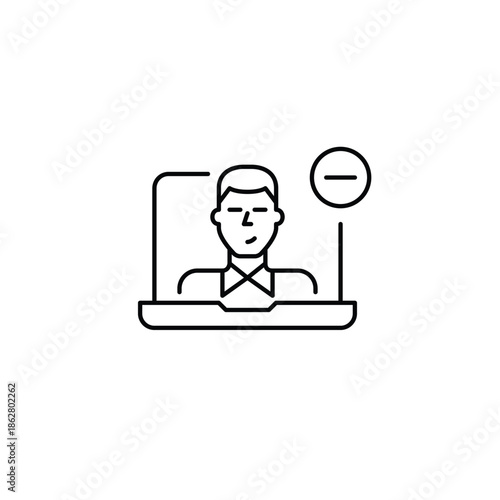 Man avatar on laptop and minus sign. Remove user or profile picture. Restrict access. Pixel perfect, editable stroke vector icon