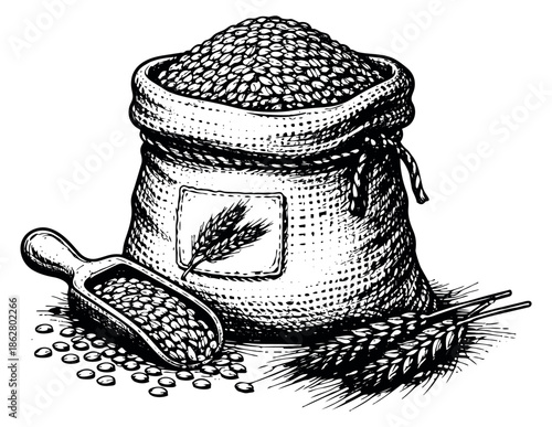 Hand drawn line art illustration of a sack of grain and wheat ears depicting a bountiful harvest for agricultural designs