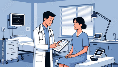 Doctor consulting with a female patient in a hospital room, discussing medical information from a clipboard.