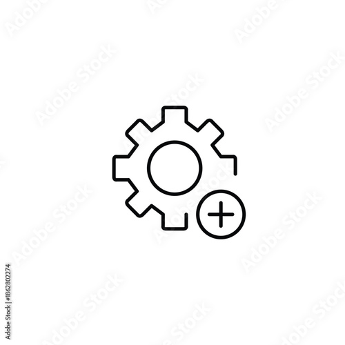 Cogwheel and plus. Feature added, setting enabled and process expansion. Administration and engineering. Pixel perfect, editable stroke vector icon