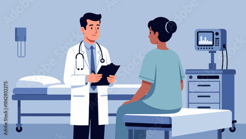 A male doctor in a white coat consults with a female patient sitting on an examination table in a medical office.